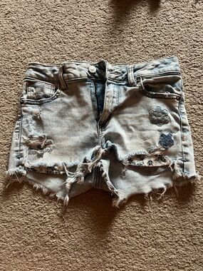 American Eagle Outfitters Light Blue Distressed Denim Shorts with Floral Accents